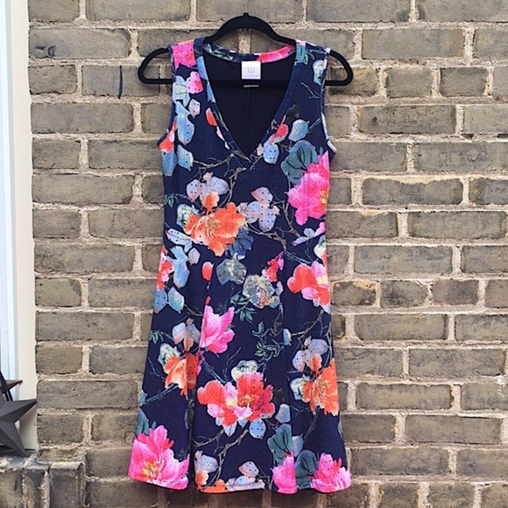 HP!💎 Papillon Blanc, Fit & Flare Dress, Floral Print, Navy, V-Neck, Sleeveless